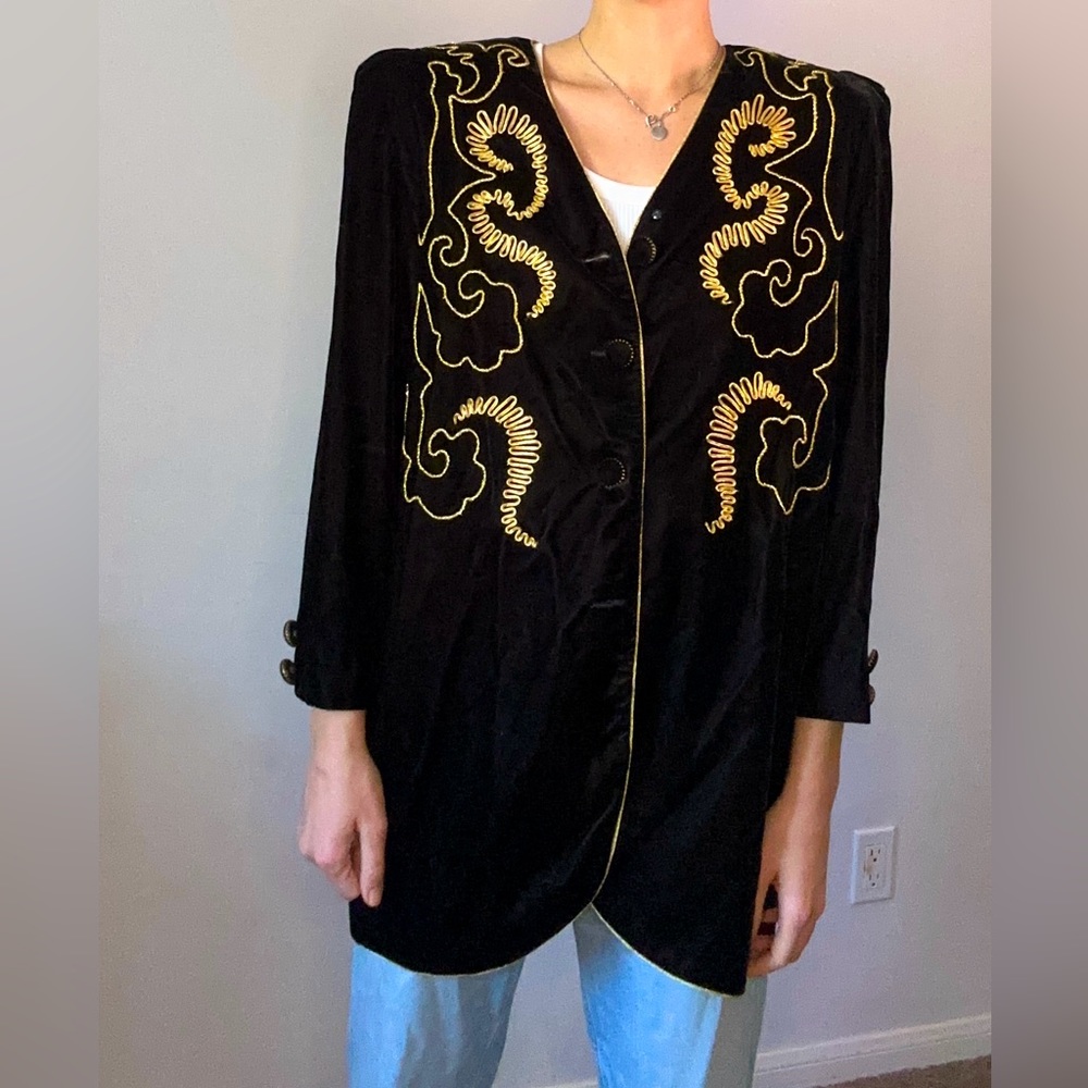 Vintage velvet caftan,jacket,black and gold, size M-L,Chez California
